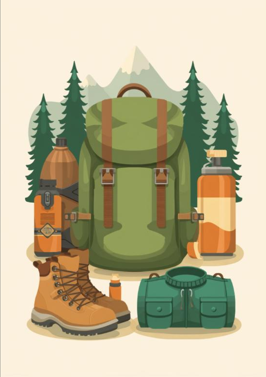 Ilustração de equipamento de trilha de montanha: mochila, botas, cantil, repelente e protetor solar, com floresta e montanhas ao fundo