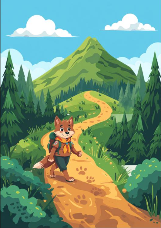 Ilustração de um lobinho escoteiro com mochila caminhando por uma trilha na mata rumo a uma montanha
